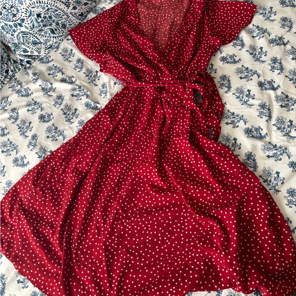 Red Polka Dot Faux Wrap Dress